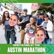 Spectators with oversized face cutouts at Austin Marathon