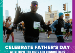 A man in athletic gear and sunglasses runs in the Austin Marathon with other participants in the background. The image features a banner with the text "Celebrate Father's Day with These Top Running Gifts for Dads. Austin Marathon Half Marathon & 5K