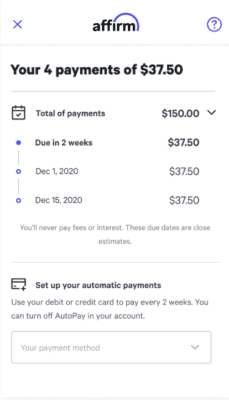 A screenshot showing a payment schedule from Affirm. The total amount is $150, to be paid in four installments of $37.50 each. Payments are due on Dec 1, 2020, Dec 1, 2020, and Dec 15, 2020. The image prompts users to register for automatic payments using their debit or credit card instead of checks.
 Austin Marathon Half Marathon & 5K