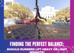 A runner in athletic gear is mid-stride during a race, with a cityscape and trees in the background. Confetti is scattered on the ground. Text below the image reads, "Finding the Perfect Balance: Should Runners Lift Heavy or Light Weights? Austin Marathon Half Marathon & 5K