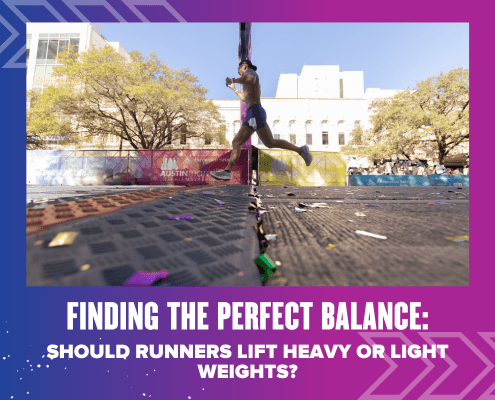 A runner in athletic gear is mid-stride during a race, with a cityscape and trees in the background. Confetti is scattered on the ground. Text below the image reads, "Finding the Perfect Balance: Should Runners Lift Heavy or Light Weights? Austin Marathon Half Marathon & 5K