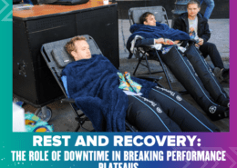 Three individuals are relaxing on reclining chairs covered with blue blankets. Two are lying back asleep, and one is sitting upright, looking ahead. The text reads "Rest and Recovery: The Role of Downtime in Breaking Runners' Performance Plateaus." The border is decorated with blue and purple patterns. Austin Marathon Half Marathon & 5K