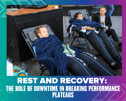 Three individuals are relaxing on reclining chairs covered with blue blankets. Two are lying back asleep, and one is sitting upright, looking ahead. The text reads "Rest and Recovery: The Role of Downtime in Breaking Runners' Performance Plateaus." The border is decorated with blue and purple patterns. Austin Marathon Half Marathon & 5K