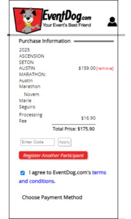 A screenshot of an EventDog.com purchase page for the Austin Marathon. The purchase includes an entry for "Marie Seguiro" in the ASCENSION, SETON, AUSTIN MARATHON for $159.00, a processing fee of $16.90, totaling $175.90. The user can register another participant or choose payment with Affirm. Austin Marathon Half Marathon & 5K