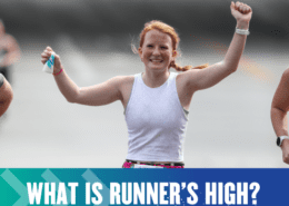 A smiling woman with red hair is running with her arms raised in celebration, likely experiencing the runner's high. She is wearing a white sleeveless top. Other runners are partially visible in the background. Text at the bottom of the image reads, "What is runner’s high? Austin Marathon Half Marathon & 5K
