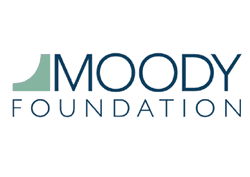 Logo of the Moody Foundation. The image features a stylized teal "M" on the left, followed by the word "MOODY" in bold navy blue uppercase letters, with "FOUNDATION" in smaller, evenly spaced navy blue uppercase letters beneath it. Sponsors' support is subtly represented through this elegant design on a white background. Austin Marathon Half Marathon & 5K