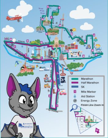 Austin Marathon Course Maps drawn with attractions around Austin in original art. Has Marathon, Half Marathon and 5K distances including a zoom in of the streets at the final mile of the half marathon.