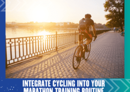 A person wearing cycling gear is riding a bicycle along a riverside path at sunrise. The path is bordered by a black metal fence, and there are trees and buildings in the background. The text reads, "Integrate Cycling into Your Marathon Training Routine. Austin Marathon Half Marathon & 5K