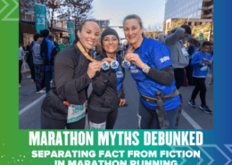 Three smiling runners proudly display their medals after completing a marathon. They are wearing running gear with bib numbers visible. The background shows other participants and a cityscape. Text overlays read, "Marathon Myths Debunked: Separating Fact from Fiction in Marathon Running. Austin Marathon Half Marathon & 5K