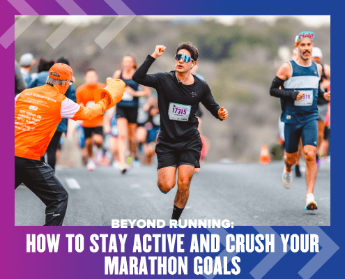 A runner in black raises a fist in determination while participating in a marathon, guided by a volunteer in an orange shirt. Other runners are visible in the background. The text at the bottom reads, "BEYOND RUNNING: HOW TO STAY ACTIVE AND CRUSH YOUR MARATHON GOALS. Austin Marathon Half Marathon & 5K