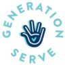 The image features the logo of Generation Serve, a charity that consists of the organization’s name in capital letters encircling a stylized blue hand with a heart in the palm. The hand and heart are centrally placed within the surrounding text, emphasizing their involvement in Austin Gives Miles. Austin Marathon Half Marathon & 5K