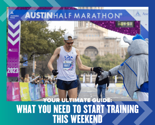 A runner in athletic gear is high-fiving a mascot as they cross the finish line in the Austin Marathon. The banner overhead displays the marathon's name and time. The text at the bottom reads, "Your Ultimate Guide: What You Need to Start Training This Weekend. Austin Marathon Half Marathon & 5K