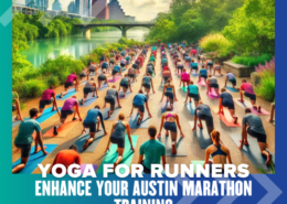 A group of people practice yoga outdoors near a river, with a bridge and greenery in the background. The text on the image reads, "Enhance Your Training: Yoga for Runners." The scenery includes bright, vibrant colors and a clear sky. Austin Marathon Half Marathon & 5K