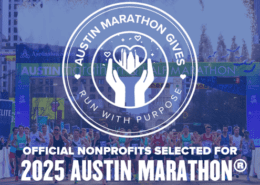 An image featuring the "Austin Marathon Gives" logo with text overlay announcing "Official Nonprofits Selected for 2025 Austin Marathon®." A marathon starting line with runners and a banner is visible in the background, emphasizing the vibrant community spirit of the event. Austin Marathon Half Marathon & 5K