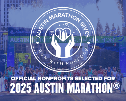 An image featuring the "Austin Marathon Gives" logo with text overlay announcing "Official Nonprofits Selected for 2025 Austin Marathon®." A marathon starting line with runners and a banner is visible in the background, emphasizing the vibrant community spirit of the event. Austin Marathon Half Marathon & 5K