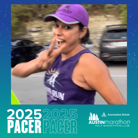 A smiling woman in a purple cap and running gear is mid-stride, holding up a peace sign. She is participating in the Austin Marathon 2025 as part of the Pacer Group. The image is framed with a teal border indicating "2025 PACER" and "Austin Marathon Half Marathon and 5K" at the bottom. Austin Marathon Half Marathon & 5K