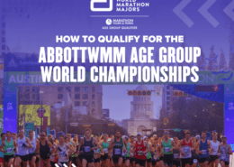 Image of a marathon race with runners moving forward. The background features a cityscape with tall buildings and banners overhead. Text at the top reads "HOW TO QUALIFY FOR THE ABBOTTWMM AGE GROUP WORLD CHAMPIONSHIPS." The Abbott World Marathon Majors logo is present. Austin Marathon Half Marathon & 5K