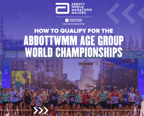 Image of a marathon race with runners moving forward. The background features a cityscape with tall buildings and banners overhead. Text at the top reads "HOW TO QUALIFY FOR THE ABBOTTWMM AGE GROUP WORLD CHAMPIONSHIPS." The Abbott World Marathon Majors logo is present. Austin Marathon Half Marathon & 5K