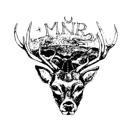 Black and white illustration of a stag with large antlers. Behind the stag is a mountain landscape with a winding path reminiscent of the trails favored by Run Austin enthusiasts. Above the stag, there is the text “+MNR” and a crescent moon. Austin Marathon Half Marathon & 5K