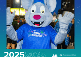 A person wearing a blue mouse mascot costume stands at a city street event, dressed in a blue "Run Austin" T-shirt. Text on the image reads "2025 Pacer Group" and "Austin Marathon Half Marathon and 5K." Logos for Ascension Seton and the event are also present. Meet your new race cheerleader! Austin Marathon Half Marathon & 5K