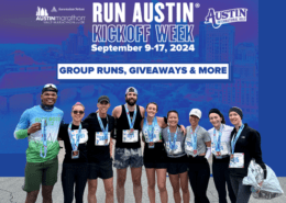 Group of runners, filled with excitement, pose with medals and bibs after a race, standing in front of a promotional banner for the "2025 Austin Marathon Launch Week" from September 9-17. The banner highlights upcoming events like group runs, giveaways, special offers, and more. Austin Marathon Half Marathon & 5K