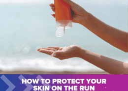 Close-up of a person applying sunscreen from an orange bottle onto their hand. The background features a calm sea and clear sky. The text at the bottom reads, "Essential Tips to Protect Your Skin on the Run," on a purple and blue gradient banner. Austin Marathon Half Marathon & 5K