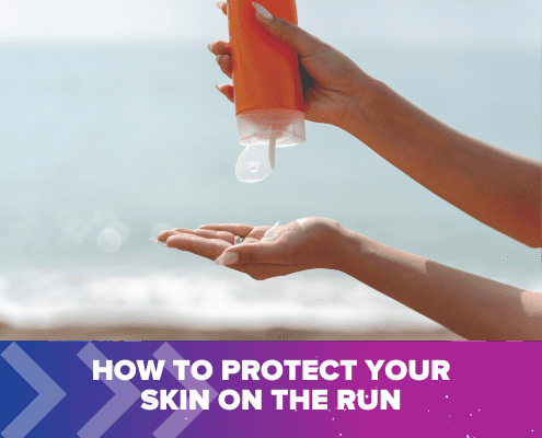 Close-up of a person applying sunscreen from an orange bottle onto their hand. The background features a calm sea and clear sky. The text at the bottom reads, "Essential Tips to Protect Your Skin on the Run," on a purple and blue gradient banner. Austin Marathon Half Marathon & 5K