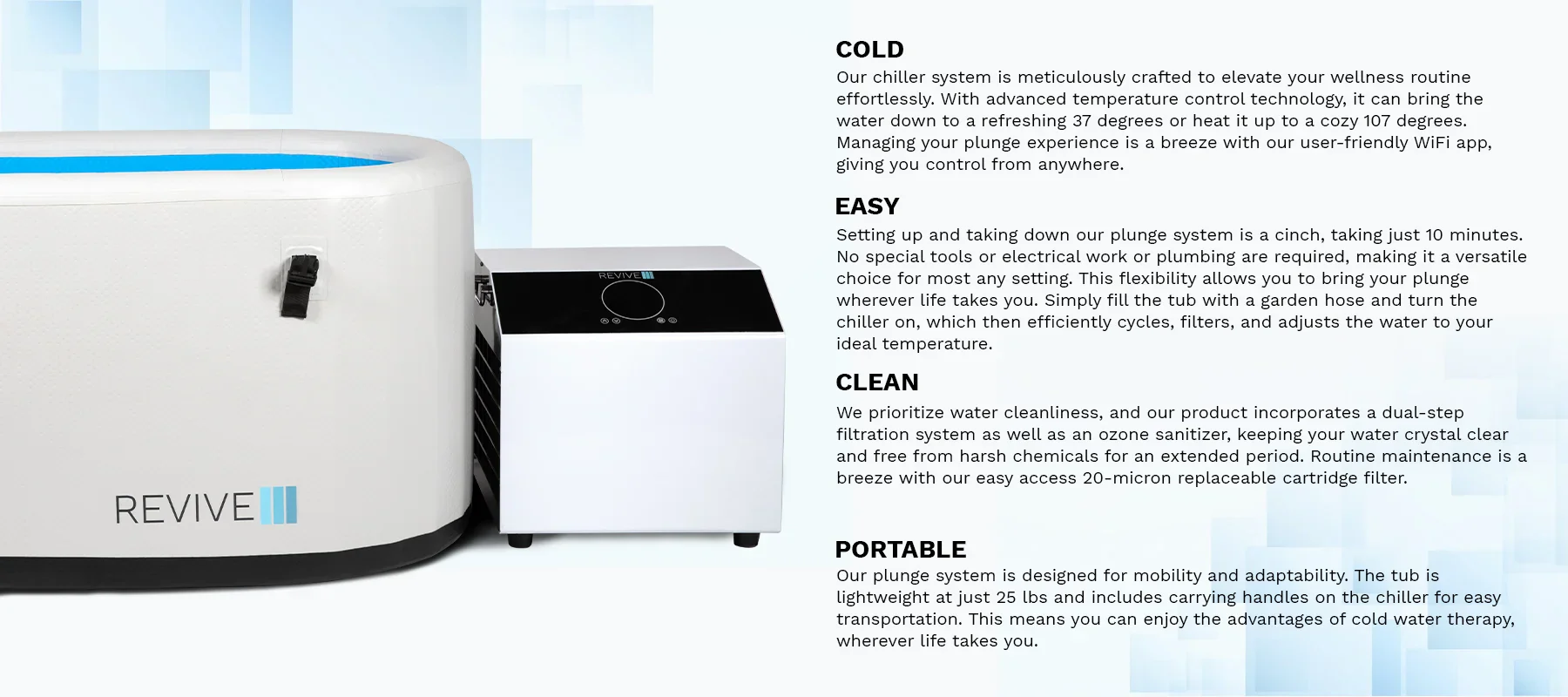 Image of a Revive II chiller system, perfect for keeping drinks cold with advanced temperature control up to 107 degrees. Easy setup and maintenance make it ideal for events at Mayfair Austin. Featuring a clean filtration system, it's portable and lightweight with handles for effortless transport. Austin Marathon Half Marathon & 5K