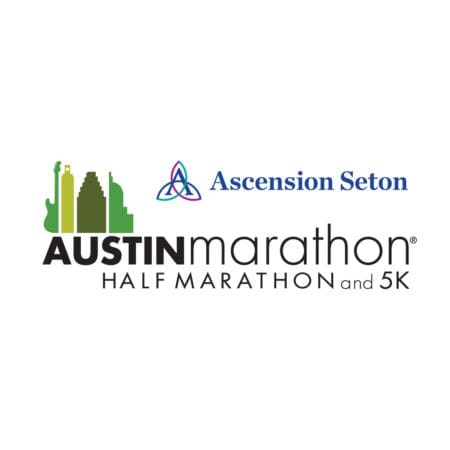 Logo for the Austin Marathon, Half Marathon, and 5K sponsored by Ascension Seton. It features a skyline silhouette incorporating a guitar, blending the city's rich music vibe with its vibrant spirit. Austin Marathon Half Marathon & 5K