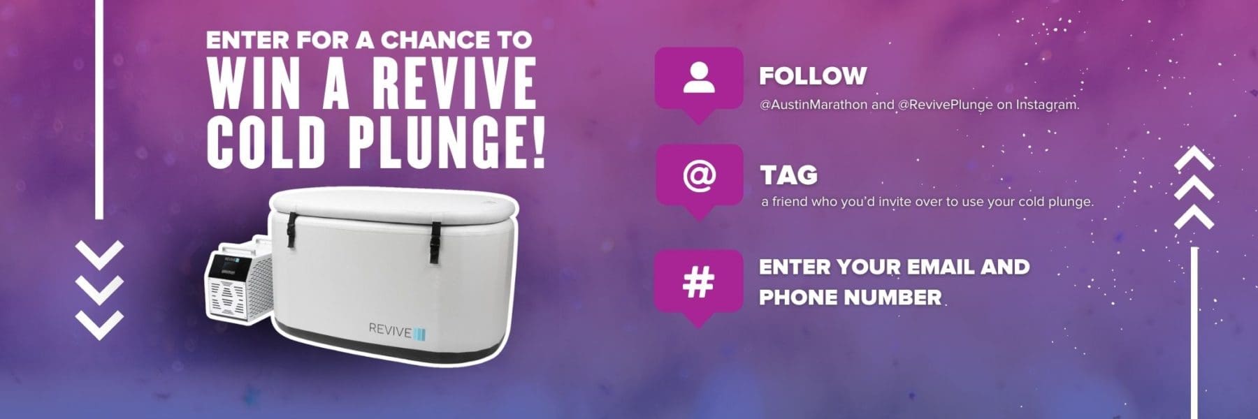 Get ready for the ultimate chill with our Cold Plunge Giveaway! Featuring a sleek Revive tub against a vibrant purple and pink backdrop, it's your chance to refresh. Just follow us on Instagram, tag a friend, and share your email and phone number. Dive into this Mayfair Austin treat today! Austin Marathon Half Marathon & 5K