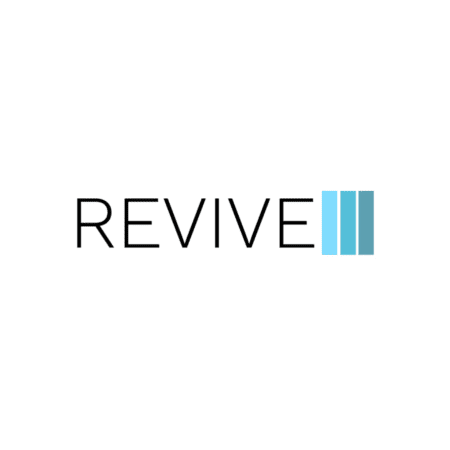 The image features the word "REVIVE" in bold black capital letters on a white background, accompanied by three vertical blue rectangles, reminiscent of Austin's vibrant music scene or perhaps even a nod to the energizing spirit of an Austin Marathon & RAW Running Official After Party. Austin Marathon Half Marathon & 5K