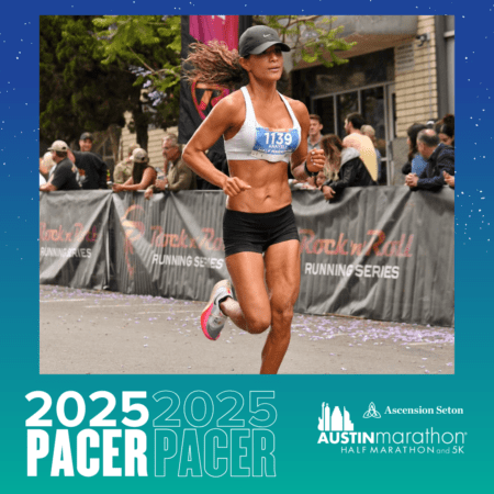 A runner sporting a black cap, white sports bra, and black shorts participates in a race. The background showcases spectators and banners for the "Rock 'n' Roll Running Series." This image promotes the 2025 Austin Marathon with vibrant blue and green gradient text, also highlighting the Pacer Group. Austin Marathon Half Marathon & 5K