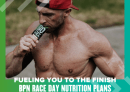 A muscular man with a red cap bites into a "Go Gel" packet, shirtless under the sun at the Austin Marathon. Framed by a green border, the image highlights "Fueling You to the Finish - BPN Race Day Nutrition Plans. Austin Marathon Half Marathon & 5K