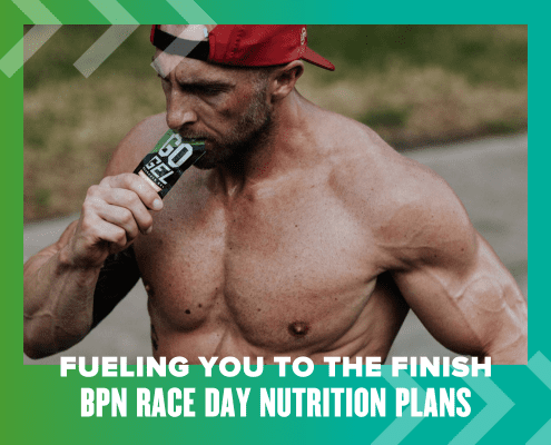 A muscular man with a red cap bites into a "Go Gel" packet, shirtless under the sun at the Austin Marathon. Framed by a green border, the image highlights "Fueling You to the Finish - BPN Race Day Nutrition Plans. Austin Marathon Half Marathon & 5K