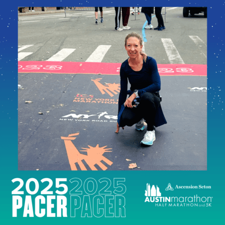 A woman kneels at the finish line, smiling in her running gear amidst New York marathon logos. The border promotes the 2025 Austin Marathon, highlighting Ascension Seton as a sponsor and Pacer Group's involvement in leading runners to triumph. Austin Marathon Half Marathon & 5K