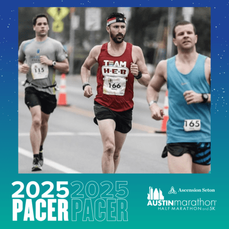 Three runners participating in the 2025 Austin Marathon, with the central runner in a red "Team H-E-B" shirt. Members of the Pacer Group, they're surrounded by others in athletic gear as the event's branding sits at the bottom of the image. Austin Marathon Half Marathon & 5K