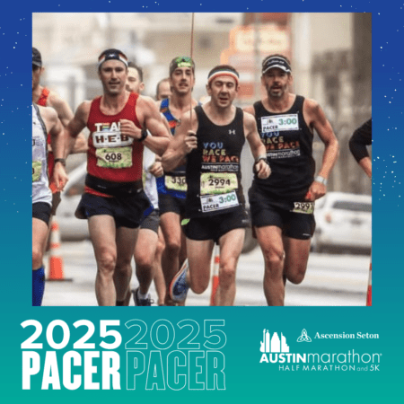 During the 2025 Austin Marathon, runners in athletic gear fill the city streets, intensely focused. Among them, members of the Pacer Group don bibs indicating their pace times, guiding fellow participants to reach their goals. Austin Marathon Half Marathon & 5K