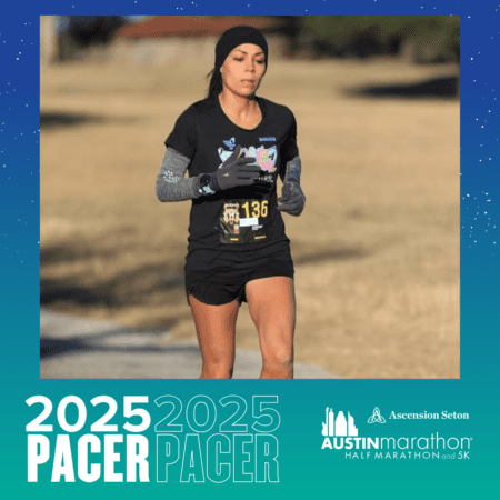 A runner in athletic gear is focused while participating in the Austin Marathon 2025. Part of a dedicated pacer group, the athlete maintains a steady rhythm against the backdrop of a natural outdoor setting. Austin Marathon Half Marathon & 5K