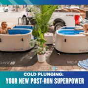 Two people relax in separate inflatable cold plunge tubs outdoors, near a white truck and lush plants. The text below boldly states, "Cold Plunging: Your New Post-Run Superpower. Austin Marathon Half Marathon & 5K