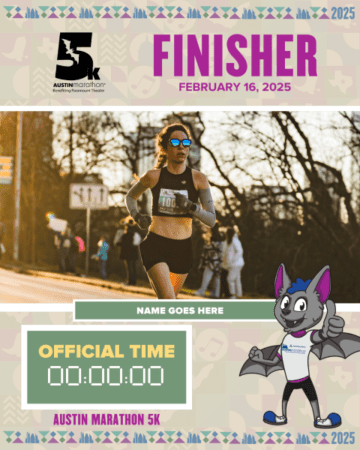 A runner in athletic gear crosses the finish line at the Austin Marathon on February 16, 2025. The event features a cartoon bat character holding a card for recording official race time. In the background, trees and spectators await their personal moment captured in official race photos. Austin Marathon Half Marathon & 5K