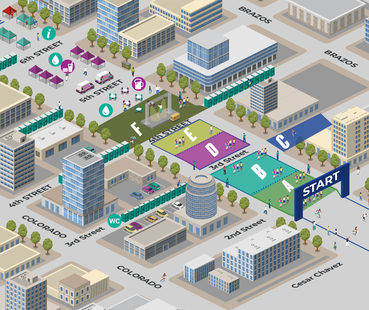 Isometric map of the city detailing the Austin Marathon route, beginning at Caesar Chavez with starting corrals for runners. The path weaves along 2nd Street past checkpoints A to F, surrounded by buildings and trees. Streets, points of interest, and animated crowds are clearly illustrated. Austin Marathon Half Marathon & 5K