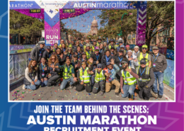 A group of people, including race staff and volunteers, pose happily beneath a finish line banner for the Austin Marathon. Colorful confetti is falling, and the Texas State Capitol is visible in the background. Text reads: "Austin Marathon Recruitment Event: Join the Team Behind the Scenes. Austin Marathon Half Marathon & 5K