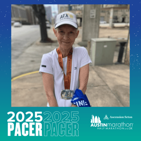 An athlete grins triumphantly, holding a medal and donning a cap and race bib. The urban street backdrop highlights the "2025 PACER" alongside Austin Marathon branding, inviting you to meet the Pacer Group. Austin Marathon Half Marathon & 5K