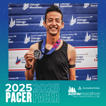 A person smiling and holding a medal, wearing a blue lanyard and a black tank top, stands in front of a backdrop adorned with "Chicago Marathon" logos. The image reads "2025 PACER" as part of the Pacer Group for the Austin Marathon Half Marathon and 5K. Austin Marathon Half Marathon & 5K