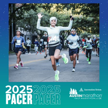 A spirited Pacer Group propels through the 2025 Austin Marathon and 5K, with one runner in the foreground jumping joyfully in mid-air. Clad in a vibrant green long-sleeve top, cap, and sporting bib number "A3807," they embody the excitement of this iconic meet. Austin Marathon Half Marathon & 5K