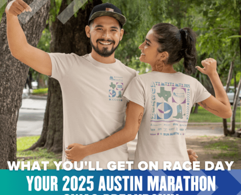 A man and a woman wearing matching 2025 Austin Marathon t-shirts pose outdoors, both flexing their arms and smiling. The text reads "What you'll get on race day: Your 2025 Austin Marathon Race Day Swag breakdown. Austin Marathon Half Marathon & 5K