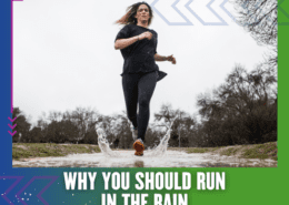 Woman running through puddle in the rain