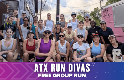 A group of smiling women in athletic wear pose together outdoors, some kneeling, some standing, in front of a pink food truck. Text at the bottom reads, "ATX Run Divas FREE GROUP RUN. Launch week—Run Austin with us!. Austin Marathon Half Marathon & 5K