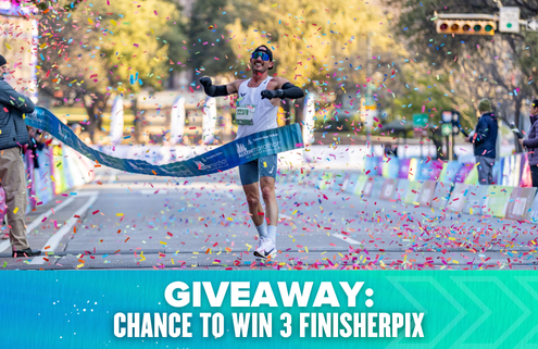 A runner celebrates crossing the Austin Marathon finish line amid confetti, arms raised in victory. Text at the bottom reads, "GIVEAWAY: Chance to win 3 FinisherPix." #RunAustin. Austin Marathon Half Marathon & 5K