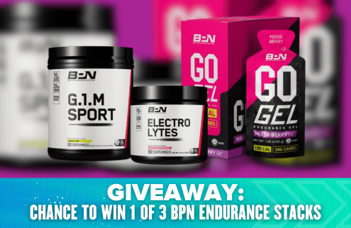 Two containers and two boxes of BPN endurance supplements are displayed. Text below reads: "GIVEAWAY: CHANCE TO WIN 1 OF 3 BPN ENDURANCE STACKS." Celebrate launch week or fuel your Austin Marathon training—enter to win!. Austin Marathon Half Marathon & 5K